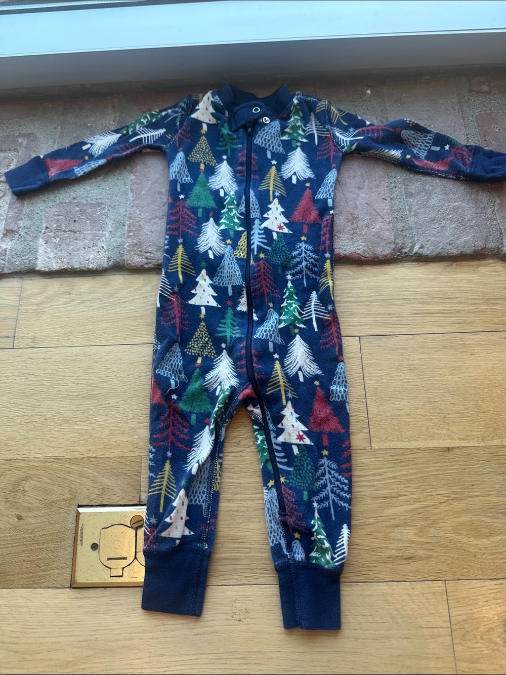 Hanna Andersson Navy Fleece One-Piece with Multicolor Tree Print